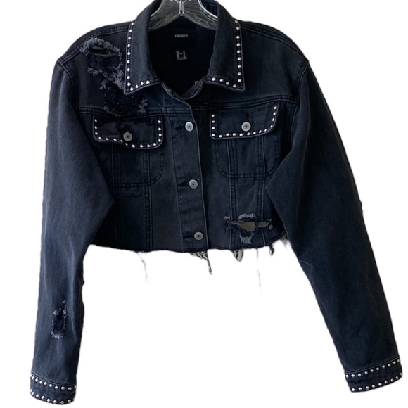 Cropped Black Jean Jacket Denim Distressed Ripped Silver Studded Streetwear Crop - Picture 9 of 16